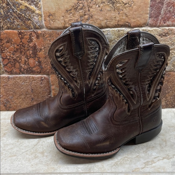Ariat Kids Cowboy Boots Size 12 Brown Leather Western Aztec Stitch Square Toe - Picture 2 of 15